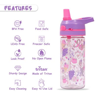 Eazy Kids Lunch Box Set and Tritan Water Bottle w / Lockable Push button and Carry Handle, Tropical - Purple, 420ml